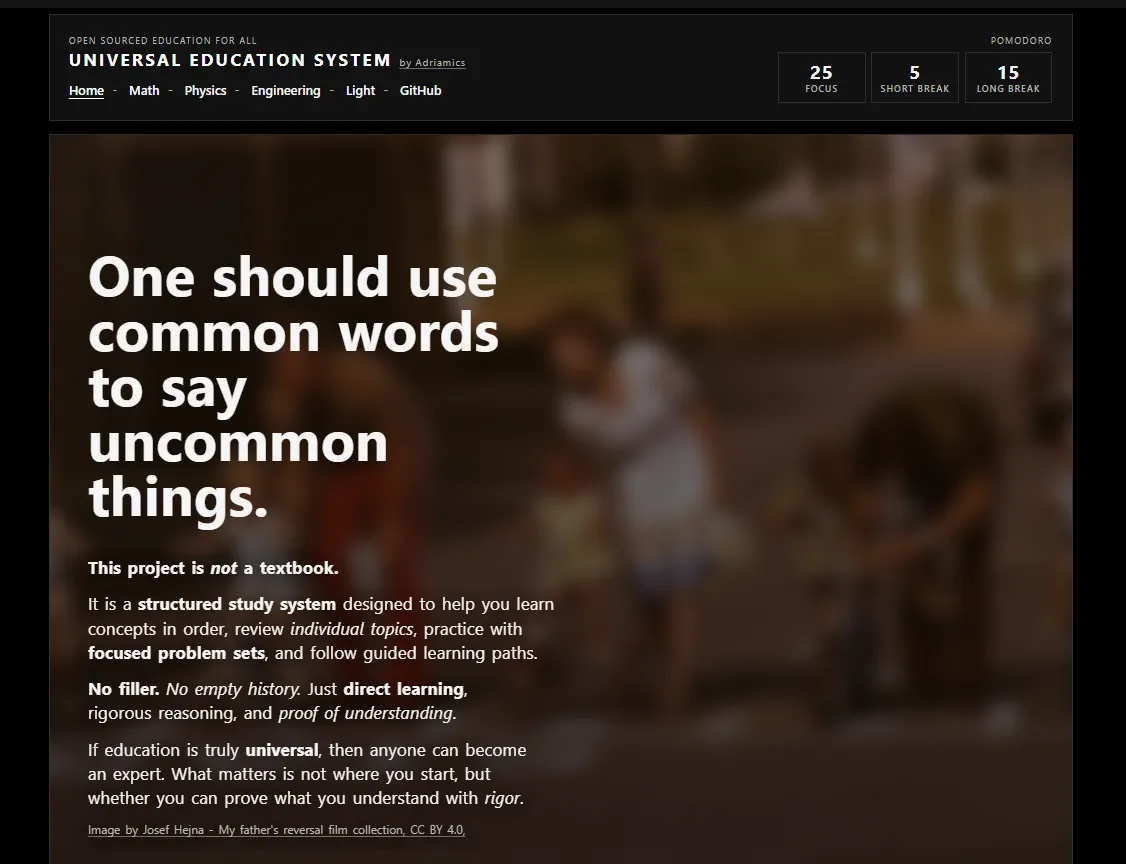 Screenshot of the UES notes introduction page
